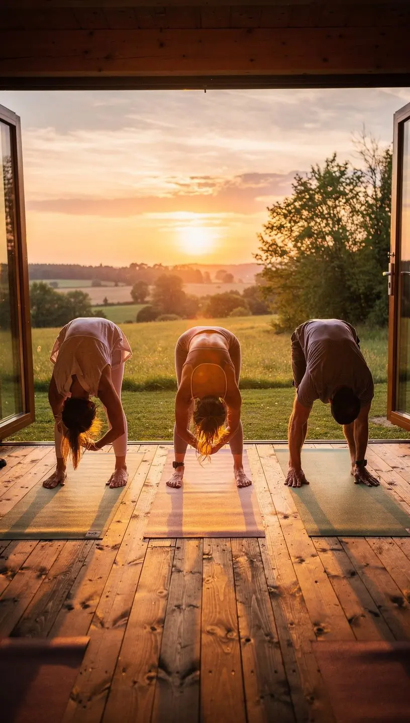 Instruktor prowadzi zajęcia jogi w tradycyjnej pozycji stojącej.