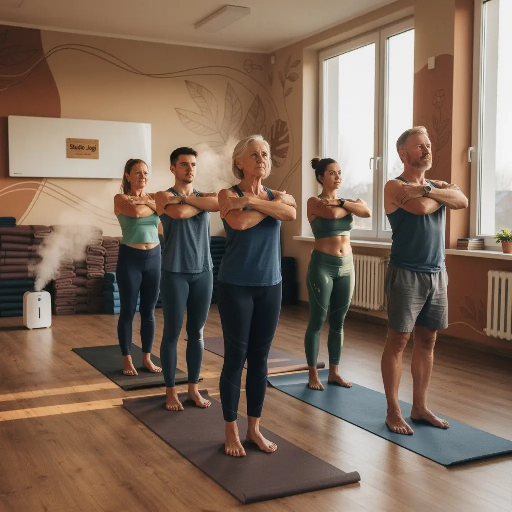 Grupa uczestników praktykujących Bikram jogę w podgrzewanym pomieszczeniu.