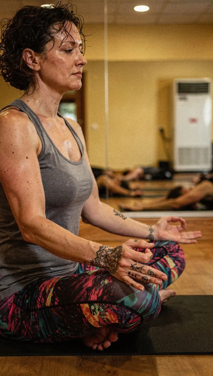 Instruktor prowadzący lekcję jogi z uśmiechem na twarzy.