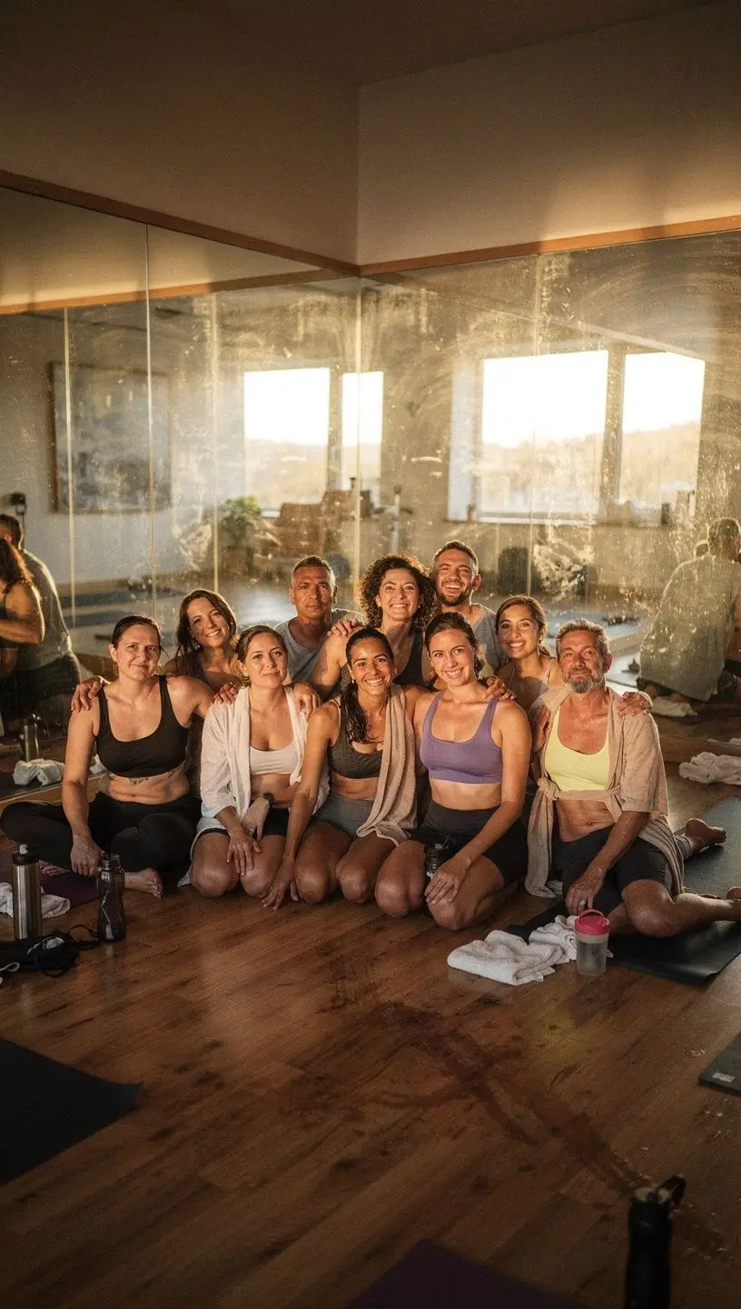 Uczestnicy wykonujący różne pozycje jogi, skoncentrowani i zrelaksowani.