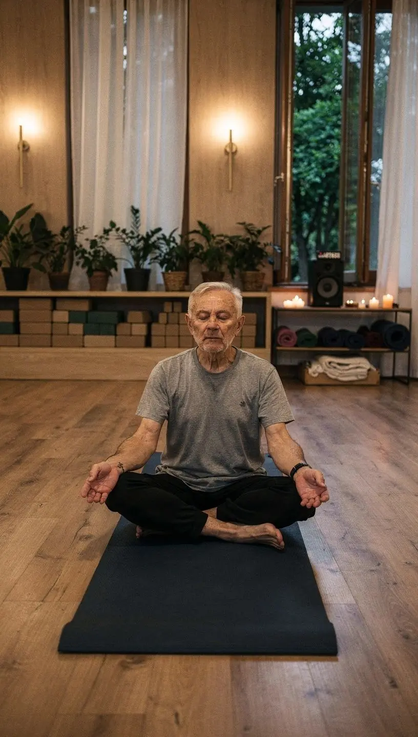 Widok na eleganckie wnętrze studia jogi z naturalnym oświetleniem.