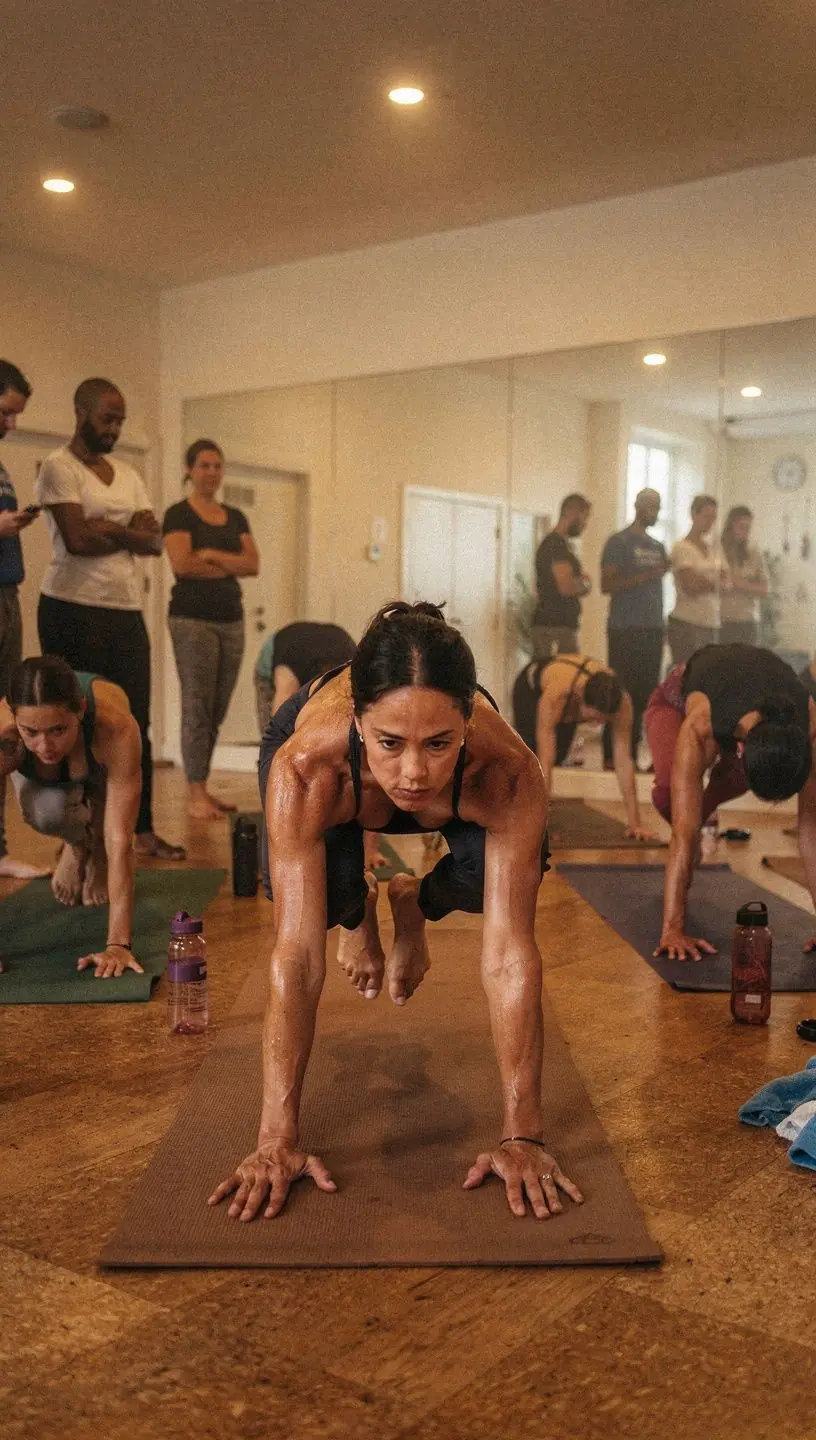 Grupa osób praktykujących Bikram jogę w podgrzewanym pomieszczeniu.