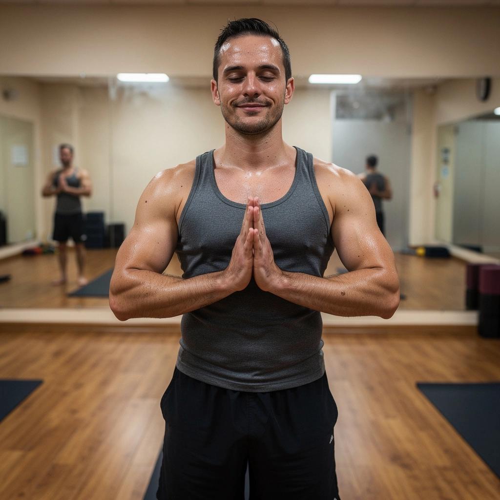 Zbliżenie na osobę medytującą w trakcie sesji Bikram jogi.